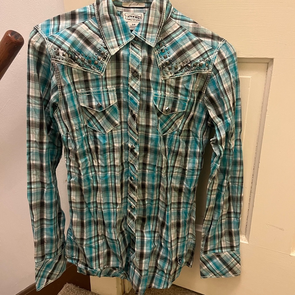 Ariat Teal and Black Plaid Shirt with Studded Details NWT